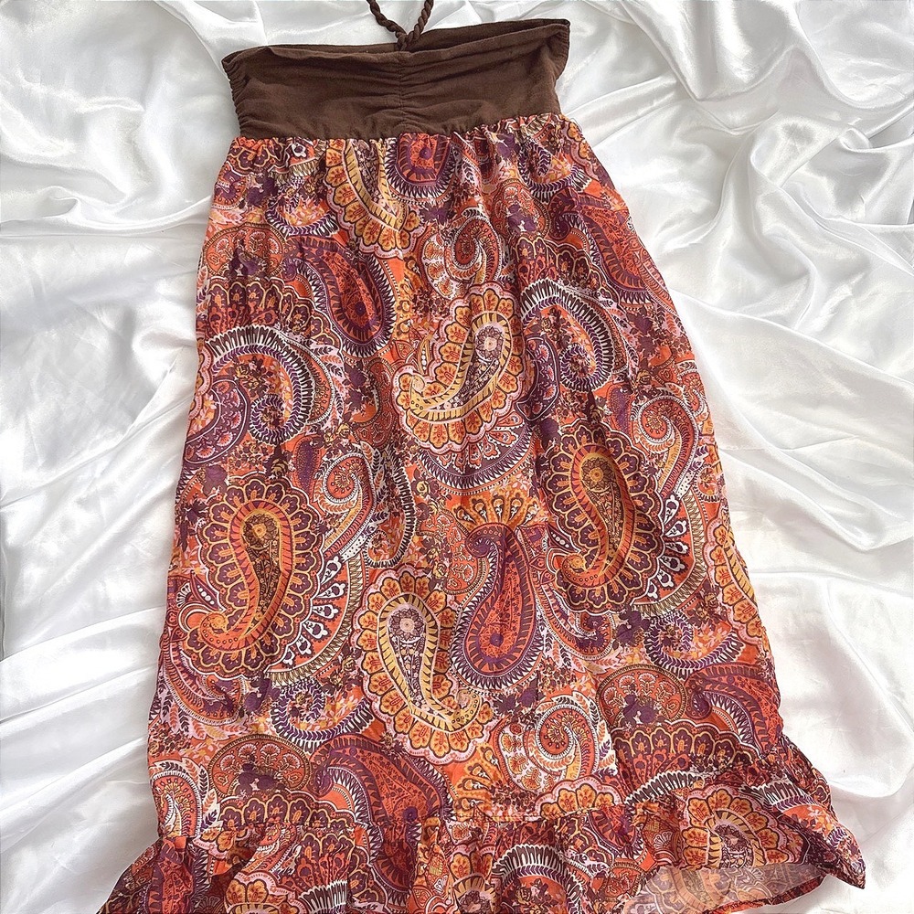 Xhilaration Paisley Halter Midi Dress Orange Brown Boho Ruffle Hem Medium